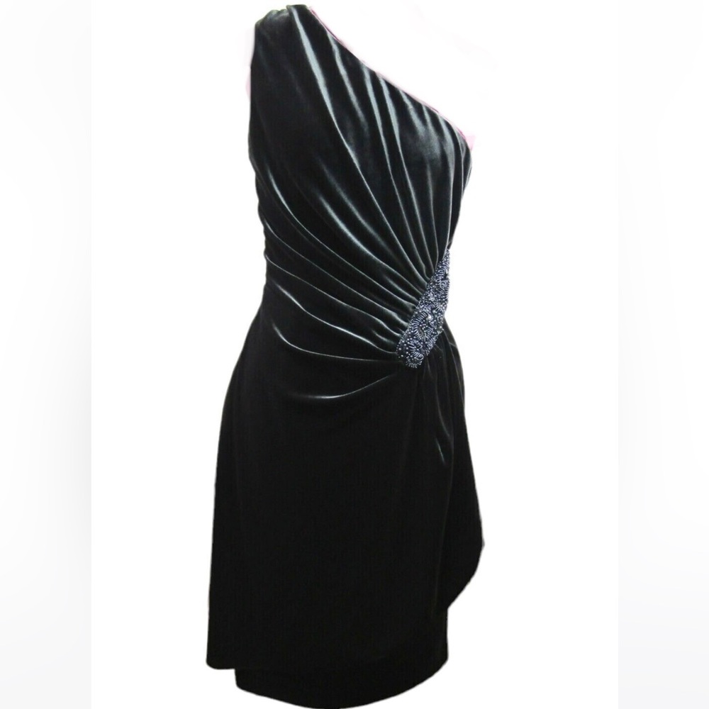 ELIZA J Drape Front One Shoulder VELVET BEADED Cocktail DRESS